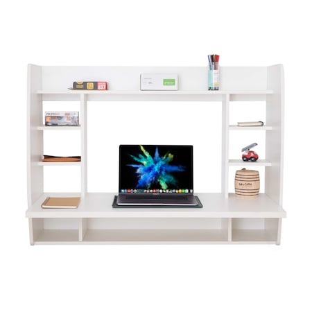 Basicwise Versatile Wall Mount Floating Computer Desk - Space-Saving Writing Table with Shelves, White QI003557.W